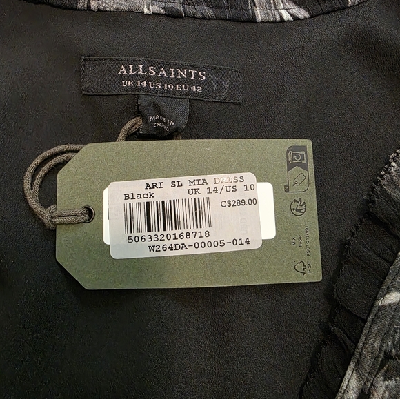 NWT All Saints Ari Mia Chiffron Black White Floral Wrap Dress Size US 10 - Picture 9 of 9